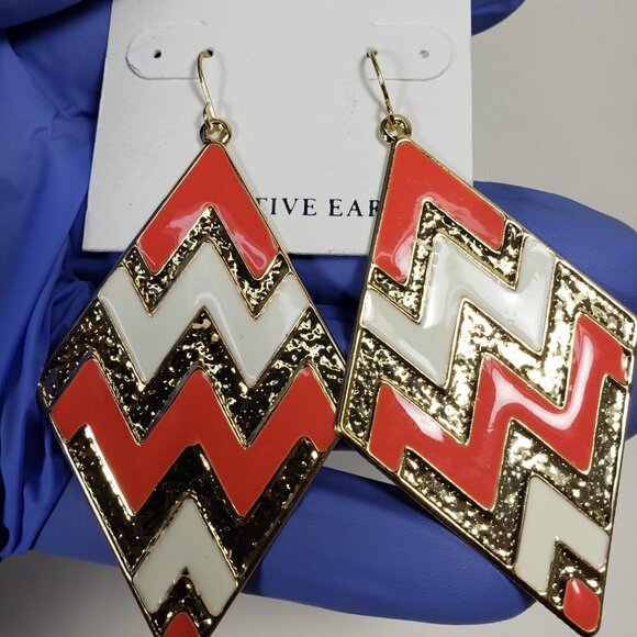 Red Black White Chevron Diamond Shape Drop Earrings – Bold Statement Geometric - Picture 10 of 10